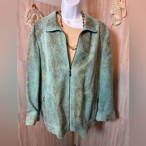 Dialogue Turquoise Green Blue Python Embossed Ultra-suede Zip Up Utility Jacket
